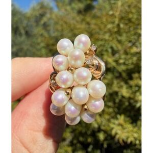 Vintage 14k Solid Yellow Gold Real Pearl & Natural Diamond Ring - Luster Cluster
